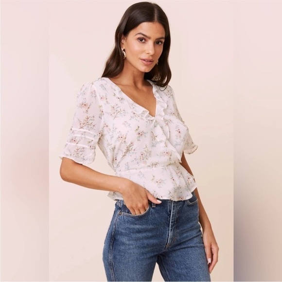 Astr Tops - ASTR The Label Peplum Ruffle Wrap Floral Print Ivory Top Blouse Size XS